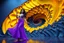 Placeholder: modern stage with gray-dark yellow blueish violet theme artistic decoration , color full dynamic lighting, a beautiful lady in maxi dress with shining silver jewels,curvy long hair dancing, 3D recursive fractal structure animating background