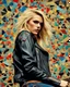 Placeholder: "Midnight Serenade unique" low view angle shot down village road , large close up a beautiful young blonde woman wearing a cool black leather jacket like rocker style and holding a guitar, granite terrazzo motifs with puzzle modern clothing is decorated with colorful filigree abstract, Collage chutes papiers magazines,Spirograph background by Nisa Kiley, Textile Artist
