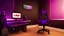 Placeholder: Cute black cat sitting on a gaming chair, in front of a gaming PC table, in a dark room with purple lights and gaming posters, atmospheric, gorgeous, realistic