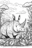 Placeholder: Outline art, Rhinoceros in the garden, cartoon style, black and white, low detail, no shading, --ar 9:11