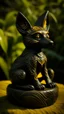 Placeholder: A black shadow elemental fox designed in Hawaiian tiki statues painted by Leonardo da Vinci