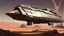 Placeholder: large spaceship in a desert near a ruined town