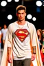 Placeholder: A guy on a fashion runway with Kryptonian Superman street wear all embroidery Clothes in neutral colors