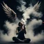 Placeholder: woman sitting forward Her face upward and blows cigarette smoke from their mouth upward. a figure with wings emerging from its back. behind the clouds of smoke look death. dark and mysterious