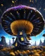 Placeholder: A weird floating mushroom house in galactic space. black blue yellow and white, Dark cosmic interstellar. Detailed Matte Painting, deep color, fantastical, intricate detail, splash screen, hyperdetailed, insane depth, concept art, 8k resolution, trending on Artstation, Unreal Engine 5, color depth, backlit, splash art, dramatic, High Quality Whimsical Fun Imaginative unusual, good composition