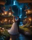 Placeholder: Close up Camera profesional Photography photoshoot Romance Wedding Couple Dancing in Wonderful landscape fantasy night photography art Rivendell Village, darkness midnight magical forest and houses,beautiful light lamps,mushrooms,flowrs,little waterfall,river