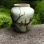 Placeholder: photo of a small cracked ceramic vase repaired with gold, kintsugi, garden setting, beautiful landscape photography, beautiful, vines and leaves, delicate, cinematic, high detail, beautiful composition, delicate arrangement, aesthetic, soft lighting, award winning photography, tender