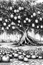Placeholder: Outline art, no shading, mango tree with fruits, crops, with buckets, with flows, black and white, no shading, ow detail, --ar 9:11
