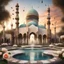 Placeholder: Hyper Realistic multicolor grungy rustic textured Mosque with beautiful fountain & white rose garden with beautiful sunset & birds flying