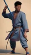 Placeholder: A young male water genasi with deep blue skin color, water shape dred hair on head. Shaolin monk with long stick weapon, kung fu master, martial art