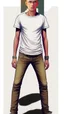 Placeholder: Teen man, blond hair, perfect face, style of tomer hanuka, jeans, white, t-shirt, pompadour