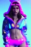 Placeholder: Ultra Realistic image, Rosalía artist, portrait, waist up portrait, long black eye line, sweet face, inflatable hoodie, gold pink and blue style, spray glow make up, led lights, neon, rings piercing nose, led ornament, fog, bubble latex coat, vibrant color, highly detailed, art stations, concept art, smooth, unreal engine 5, god rays, ray tracing, RTX, lumen lighting, ultra detail, volumetric lighting, 3d, finely drawn, high definition, high resolution.