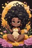Placeholder: A sassy thick-lined comic book art cartoon black chibi girl lounging lazily on her side, surrounded by flower petals. She has a golden lion tail curling playfully behind her curvy body. Looking up coyly, she grins widely, showing sharp lion teeth. Her poofy hair forms a mane framing her confident, regal expression.