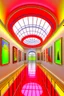 Placeholder: 3 D-shot A hall for displaying art paintings. The walls are oval-shaped, and there is an oval wall in the middle of the hall, to divide the hall into two parts, and the paintings are hung on the walls, and the walls are made of glass.