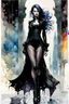 Placeholder: Create and fine print ink wash and watercolor, full body illustration of an epic fantasy Goth Girl , with finely lined and detailed facial features, in a ragged gothic dress, fishnet stockings ,battered combat boots, , in the comic book style of Bill Sienkiewicz, Philippe Druillet, and Jean Giraud Moebius, precisely drawn, colored and inked