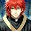 Placeholder: dnd, fantasy, watercolour, portrait, illustration, male, face, green eyes, young, determined, happy, priest, red hair, very long hair, radiating light, five o'clock shadow