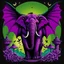 Placeholder: color Ink illustration by Phillipe Druilett, heavily inspired by the unsettling symbolism of Virgil Finday and Alexander Jansson, Demonic bat Winged Purple Elephant, wings coming from shoulders, large round clock embeded in the elephant's head, taken from a slight anglered and dark_green and black color scheme dominating the artwork, grim narrative, smooth illustration, chilling Eldritch motifs, UV reactive color slashes, textured surface, ominous representation, unsettling.