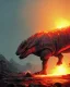 Placeholder: Movie poster, (dinosaurs), lava, active volcano, ash, forest, dynamic lighting, dynamic movement, panorama, wide-angled lense, DSLR, dramatic, 8k resolution concept art hyperdetailed cyberpunk dystopian 8k resolution holographic astral cosmic illustration mixed media by Pablo Amaringo, t-rex, stegosaurus, triceratops, allosaurus