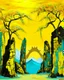 Placeholder: A yellow peak with torii gates in daylight designed in cave paintings painted by Vincent van Gogh