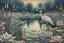 Placeholder: Richly textured mixed media layered painting in the styles of Georges Seurat, Samuel Palmer and Georgia O'Keeffe, a dreamy lily pond with wildflowers and lime grass, with a beautiful crane standing in the far background amidst a thicket of cattails. insanely detailed crisp HD quality. metallic pastel colours. Modifiers: Arthur Rackham Paul Klee pen and ink JAMES R. EADS dreamy expressionism 3D shading Edward Gorey metallic colors Esao Andrews Acrylic Pouring hallucinatory dramatic atmosphere and