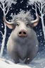 Placeholder: the head boar buried in the sparkling powdery snow surrounded by falling snowflakes, in front of the night sky