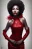 Placeholder: Portrait of a black woman wearing stylish red and silver dress.