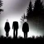 Placeholder: three figures, silhouettes, dark, foggy weather, night, forest, black, horror, art, evil, dark effect, trees, more trees, deep forest, eyes on face, different height,