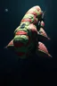 Placeholder: an organic, bulberious spaceship concept in the style of Chris Foss. With a bright, red, green and blue stripes in an organic pattern.