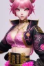 Placeholder: Detailed cute anime Kunoichi girl, pink hair buns, pink bangs, black latex bra, intricate details, big boobs, full body portrait, keep head in frame, slight smile, black Japanese motif, concept art, highly detailed, digital painting, concept art, sharp focus, illustration, art by Yoji Shinkawa, WLOP and greg rutkowski and alphonse mucha and artgerm and yanjun Chen and Junji ito and Makoto Shinkai, HDR, octane render