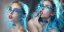 Placeholder: Scarlett Leithold intense red lips with dark glasses backlit blue and cyan light