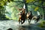 Placeholder: oil painting ,motion blur running caped long haired male angel pixie Quickling - Forgotten Realms dodging arrows above water and along winding branches in lush green forest holding arms around neck of speeding horses , bokeh like f/0.8, tilt-shift lens 8k, high detail, smooth render, down-light, unreal engine, prize winning