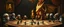 Placeholder: portrait painted by Rembrandt, stupid looking fire breathing dragon fox at banquet, big chalice, all pieces on a huge hexagonal board game with miniature trolls