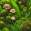 Placeholder: microphotography mushroom growing in a mossy dense lush green woods, high definition, detail, HD, 8k, realistic, 3d rendering, blender, photography, fisheye, bulge, tilt shift blur