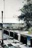 Placeholder: Empty Minimal contemporary abstract flat landscape painting. Concrete carpark. Big brushstrokes. Drips of paint. style of Justin Mortimer and Adrian Ghenie.