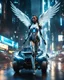 Placeholder: A full length Beautiful humanoid Angel mixed with a body cyborg,driving flying car futuristic on futuristic cyberpunk city night city street 8k ultra detail photography