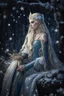 Placeholder: Elven princess,elven crown,long blonde golden hair,rapunzel hair,ice flowers,beautiful,light blue,dark blue,golden armor,sparkle,glitter,ice flowers,snow,elven ears,dark fairy princess