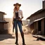 Placeholder: [1883] Jennifer Hawkins, a tattooed cowgirl with an air of confidence and danger, stands tall on dusty Main Street. The sun beats down on the weathered wooden buildings. The sound of wind fills the air as Jennifer adjusts her colt, she prepares for the duel