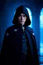 Placeholder: image of a handsome Fae Prince wearing a black hooded cape with silver symbols. Photorealistic. 4k. Dark Fantasy