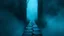 Placeholder: passage over nothingness, surreal, dark and cold abstract artwork dominated by deep blue, icy cyan, charcoal black and muted steel-grey tones. An narrow passageway emerges from an abstract distorted weird landscape, surrounded by thick fog and drifting mist. The space feels nightmare, alien and unsettling, with tiny floating circles and lines geometric forms, black onix column fragmented and unnatural perspectives. At the center of the composition cracked stone way over abyss