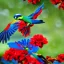 Placeholder: The embodiment of summer is a beautiful exotic birds fly, the face is beautiful, the atmosphere of the scene is uplifting and dynamic, Summer cinematic, the colors are green dark, red, orange and touches of blue