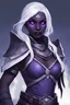Placeholder: Dungeons and Dragons portrait of the face of a drow rogue blessed by eilistraee. She has purple eyes, pale armor, white hair, and is surrounded by moonlight. Has a playful demeanor