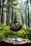 Placeholder: Create hyper-realistic photo of a wine glass in a wild forest. Inside, a miniature [New York] with landmarks. A trasparrent 3D text of [New York] a ballerina dancing in center blends naturally into the landscape . Soft bright daylight, reflections, and subtle imperfections like fingerprints. DSLR quality, sharp focus.