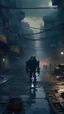 Placeholder: slums of a city, broken robots walking, scary, drone shot, cyberpunk, digital art, 4k