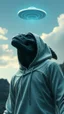 Placeholder: The creature from the the movie Prometheus with white hooded clothes looking up at ufo in the sky front view
