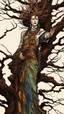 Placeholder: Egon Schiele, Abraham Rattner style abstract expressionist, full body comic book illustration of a pagan druid priestess, bristlecone pine sculpture , dark and dry branches, harmony, intricately detailed, highly detailed facial features, ethereal, otherworldly, the smell of the ancient essence of eternity in vibrant natural color