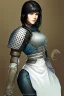 Placeholder: Motoko Kusanagi from "Ghost In The Shell (1995)", clad in medieval stell plate armour, alone, blue eyes, perfect, beautiful, black hair, realistic proportions, androgynous