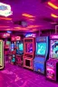 Placeholder: A dark photo an 80's aesthetics arcade at night, with a lot of functioning arcade machines, a vaporwave floor and some colorful tiles in between the floor. Purple Themed, purple aesthetics.