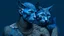 Placeholder: blue background, cat man, wool, fine drawing, high detail, 8K, tattoos,