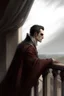 Placeholder: painting of a handsome victorian vampire looking out on a balcony, side view, cloak billowing in the wind