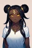 Placeholder: arcane animation series style, league of legends, Solo, 1girl, attractive teenager, african, dark skin, golden eyes, black hair, pair buns, forehead bangs colored in violet, necklace, earrings, modern makeup, (detailed skin texture), white oversize shirt